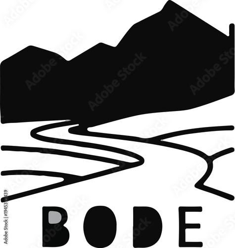 Stylized black and white mountain landscape with a winding river