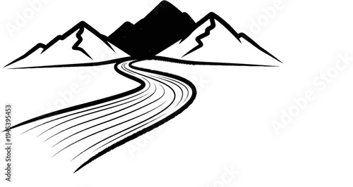 Stylized ink sketch of winding river flowing towards mountains