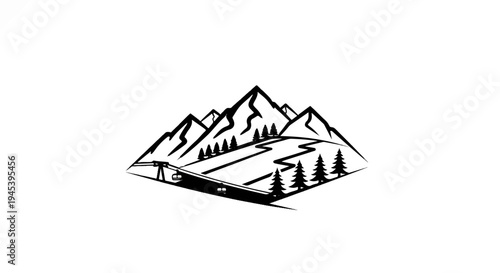 Stylized black and white mountain landscape with ski lift and trees