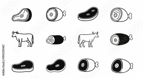 Stylized icons depict raw steaks, cuts of meat, and a cow
