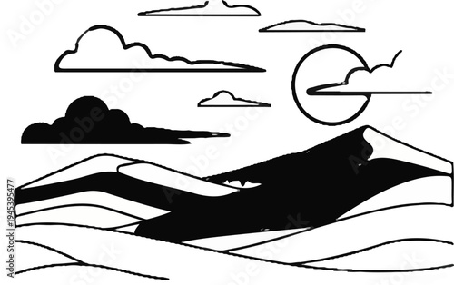 Stylized mountain range under a sky with clouds and a partial sun