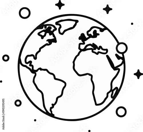 Stylized outline of the planet Earth with stars and moons in orbit