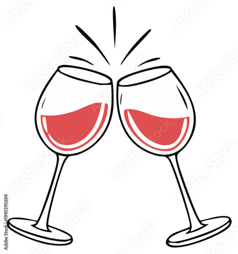Two wine glasses toasting with red wine, celebration cheers, holiday joy and friendship