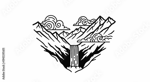 Stylized mountain range with a central waterfall and swirling clouds