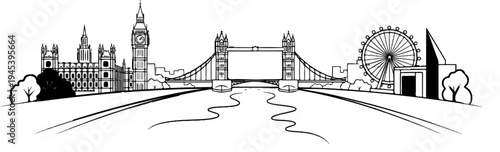 Stylized line drawing of a city skyline with iconic landmarks and a river