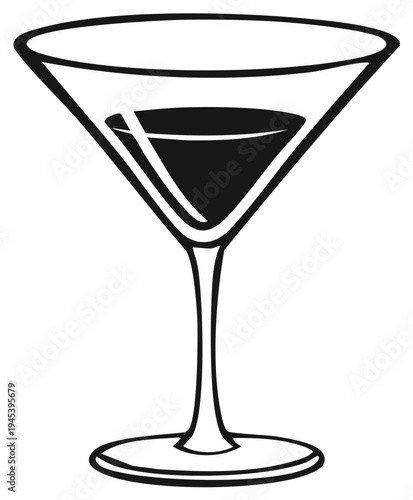 Elegant Martini Glass Silhouette with Dark Liquid; Cocktail Drink Isolated Vector Graphic for Alcohol, Barware, and Party Themes