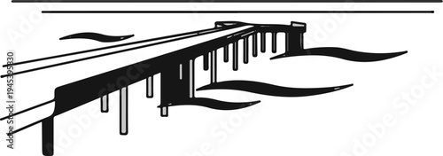 Stylized drawing of a bridge with multiple piers over stylized water