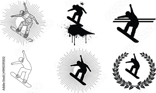 Snowboarding silhouettes of athletes aerial tricks, artistic motion, winter sport vector design illustration