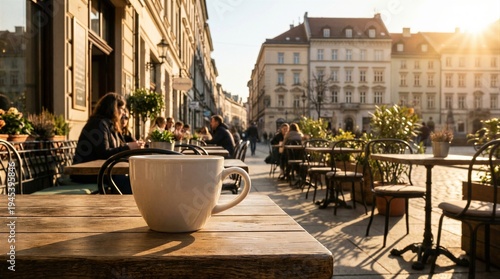 White coffee cup on wooden table at outdoor street cafe. People sitting at tables in background during sunny spring day. Relaxed lifestyle, urban travel scene and city walk concept.
