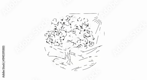 Stylized line drawing of a flowering tree under a sunburst