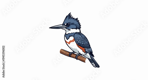Stylized illustration of a blue kingfisher bird perched on a wooden branch