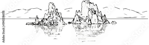 Stylized black and white sketch of rocky islands in a calm body of water