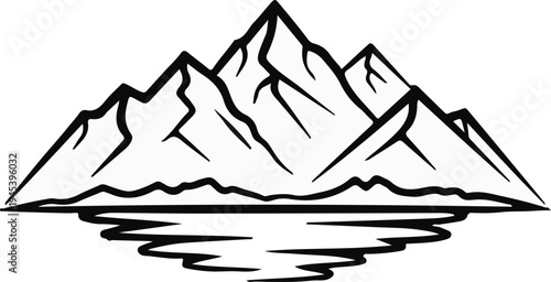 Stylized black and white line art of majestic mountains reflected in calm water