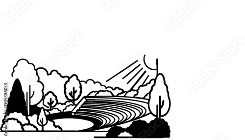 Stylized park scene with trees, sunbeams, and tiered landscape