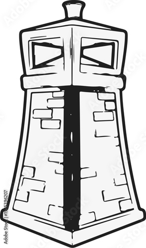 Stylized illustration of a brick tower with a peaked roof and windows