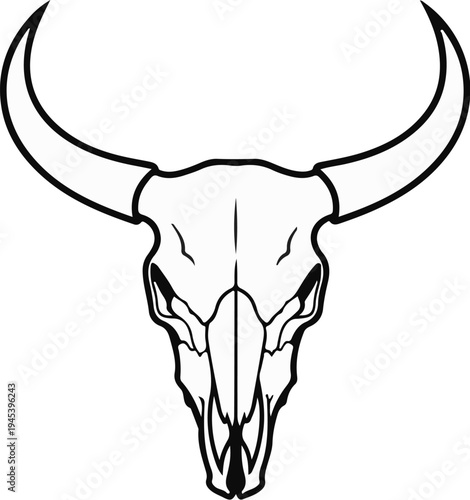 Stylized illustration of a bull's skull with prominent horns, outlined