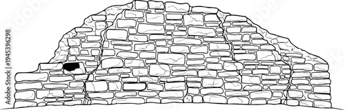 Stylized line drawing of a rough, arched stone structure