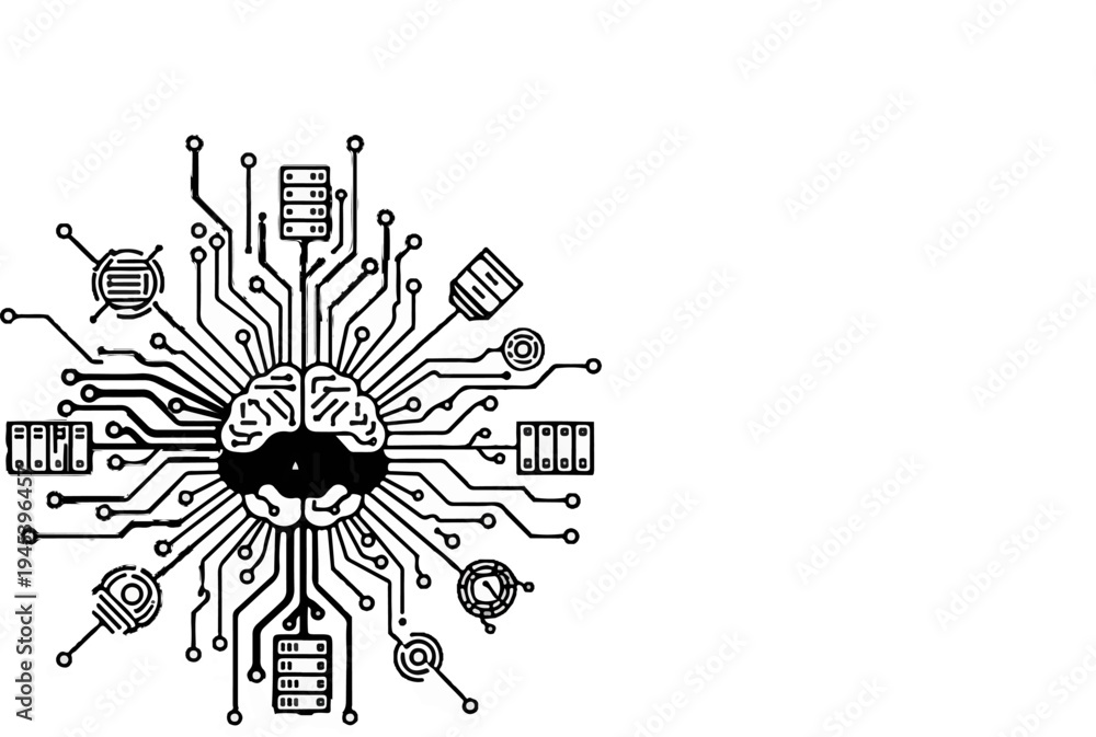 Obraz premium Stylized brain connected by circuits to electronic components