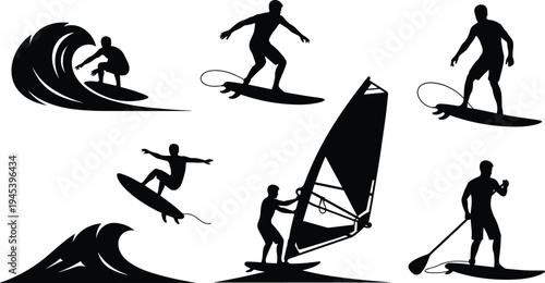 Water sports silhouettes surfing waves, windsurfing, paddleboarding, surf tricks, ocean kayaking, dynamic aquatic sport vector design illustration