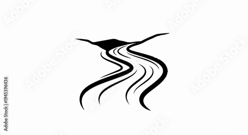 Stylized black ink brush strokes depicting a flowing river through hills