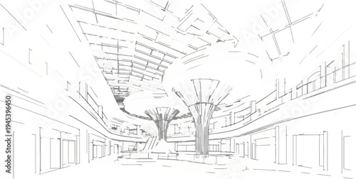 Stylized line drawing of an interior atrium with unique architectural columns and skylight