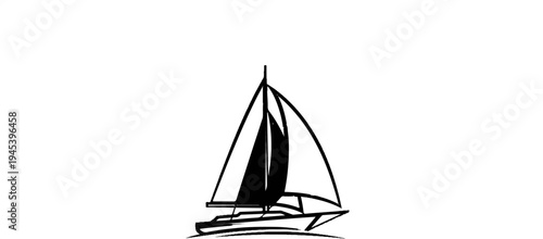 Stylized black ink drawing of a sailboat with billowing sails on white