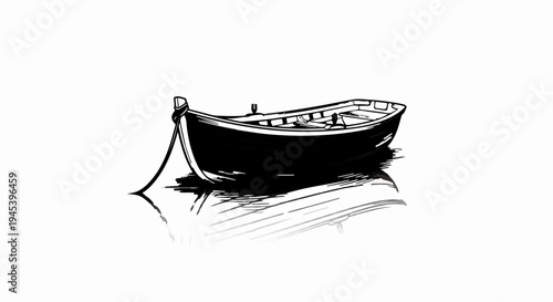 Stylized black ink drawing of a small rowboat resting on calm water