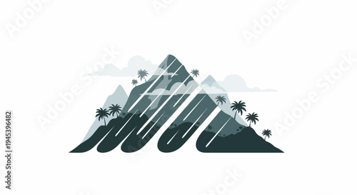 Stylized mountain range with palm trees and abstract wave-like foreground