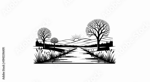 Stylized black and white landscape with trees, river, hills, and sun
