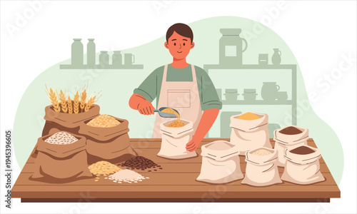 Worker Filling Grain into Storage Bags