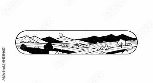 Stylized black and white landscape with rolling hills, winding path, trees, and mountains