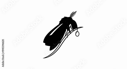 Stylized black insect with feather on head, on curved line