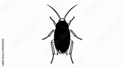 Stylized black insect with long antennae, six legs, and oval body
