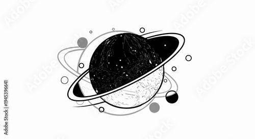Stylized planet with rings and celestial bodies in monochrome