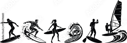 Water sports silhouettes surfing, paddleboarding, windsurfing, shortboard tricks, surfboard carry, dynamic aquatic sport vector design illustration