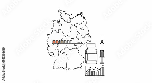 Stylized map of Germany showing progress bar, vial, syringe, and bar chart
