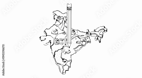 Stylized map of India with pencil piercing it and the word GST