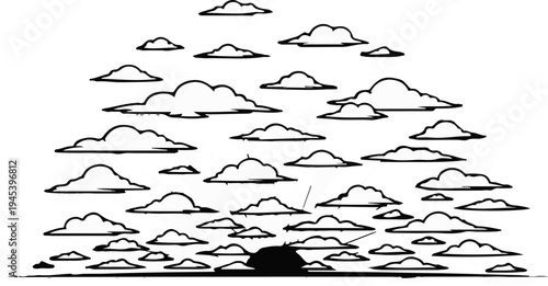 Stylized cartoon clouds arranged in a symmetrical, ascending pattern against white