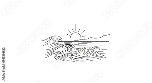 Stylized line art depicts a sun rising over a calm sea with rolling waves