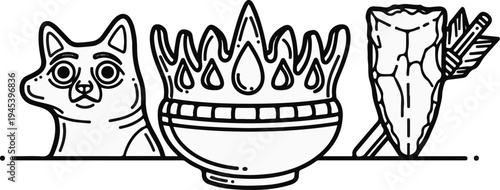 Stylized cartoon illustration of a cat head, crown, and arrow