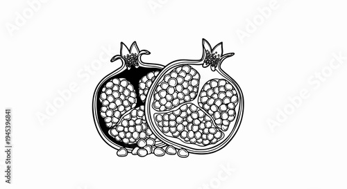 Stylized black and white line art drawing of two halved pomegranates