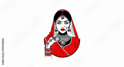 Stylized portrait of a bride in red attire adorned with elaborate jewelry