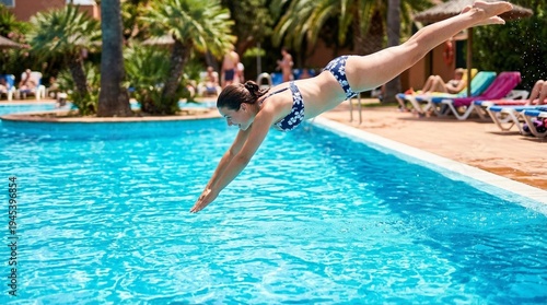 Energetic young woman diving headfirst into a clear blue swimming pool during a sunny summer vacation at a vibrant resort, enjoying a refreshing swim.