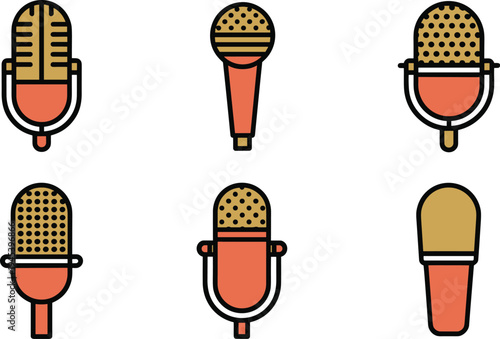 Vintage microphone icons set, retro studio audio recording equipment collection for podcast music broadcasting media flat vector illustration