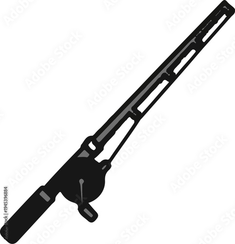 Stylized cartoon image of a black fishing rod with a reel