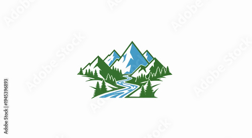 Stylized mountains with pine trees and a winding river