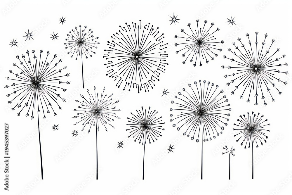 Obraz premium Fireworks outline sketch backgrounds dandelion flower.