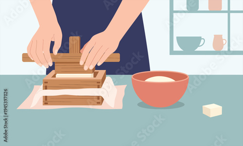 Artisan Pressing Tofu in a Wooden Mold