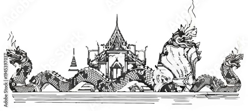 Stylized naga figures flank a traditional temple structure with a prominent spire