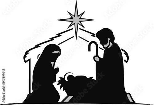 Stylized Nativity scene with star and manger
